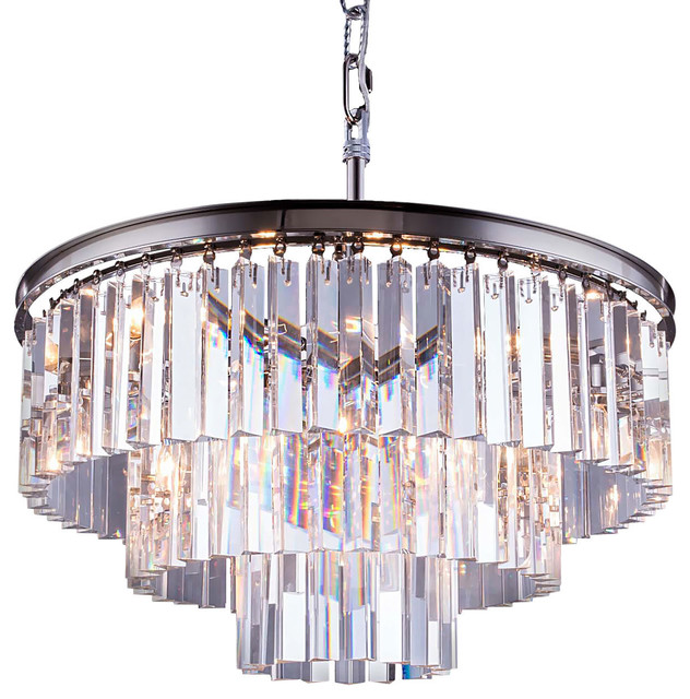 Glass Fringe 9-Light Chandelier, Polished Nickel, Clear, With LED Bulbs
