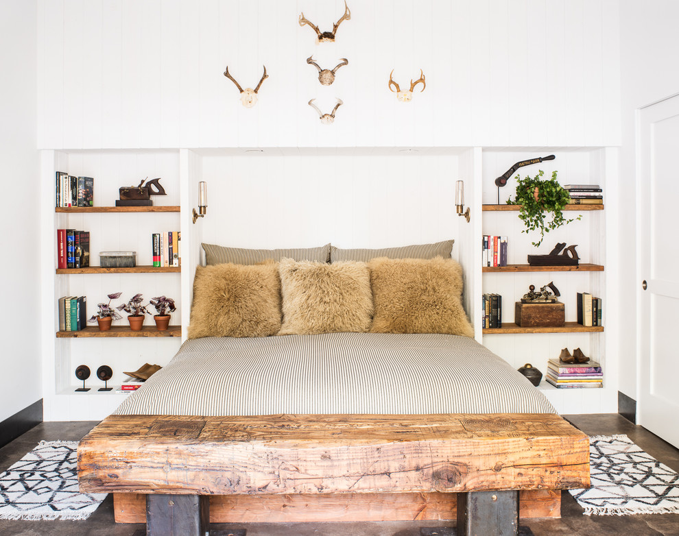 Inspiration for a country bedroom in San Francisco with white walls.