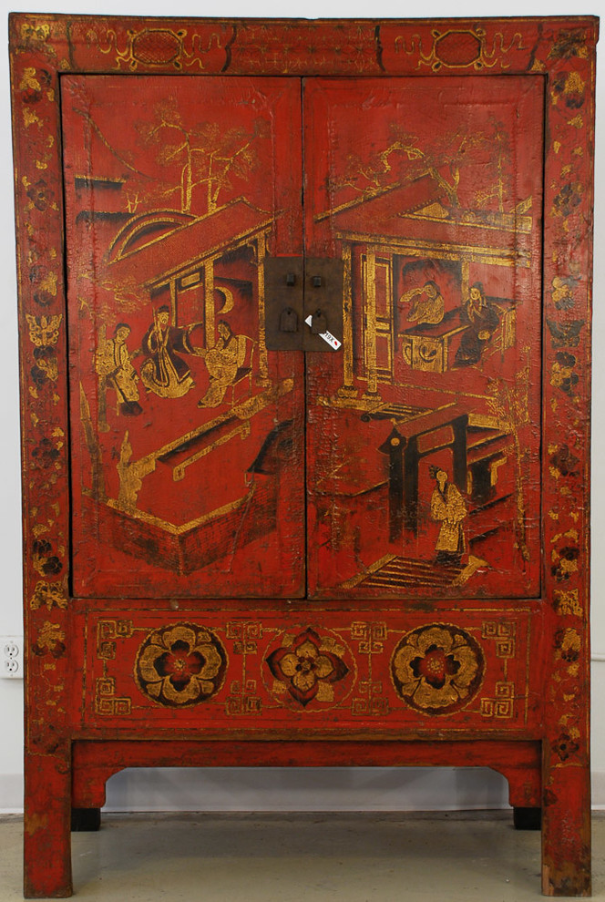 Red Lacquered Chinese Cabinet with Gold Painting