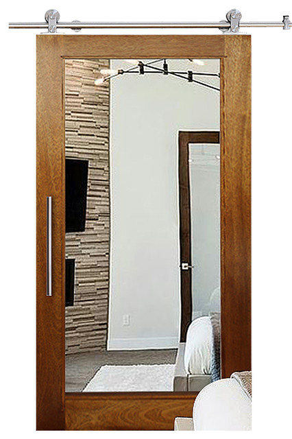 Solid Tropical Oak Sliding Barn Door 40 X84 Double Sided Mirror Right