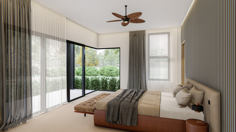 На фото: большая спальня в стиле кантри с серыми стенами, паркетным полом среднего тона, коричневым полом и панелями на стенах