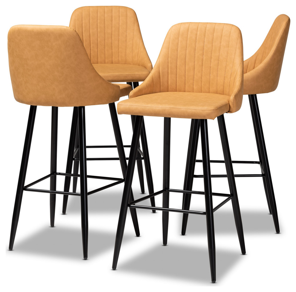 MidCentury Tan Faux Leather Upholstered Black Metal 4Piece Bar Stool