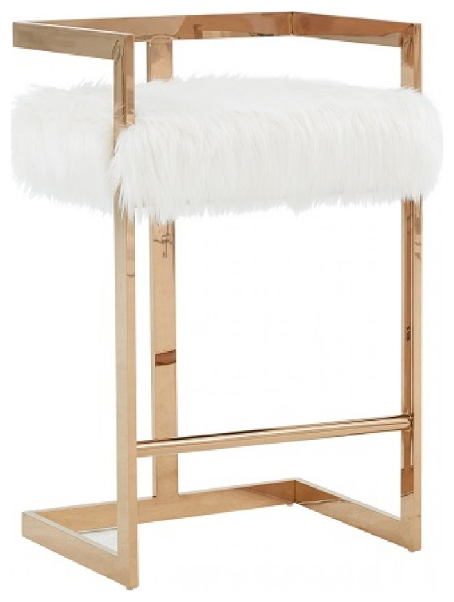 Modrest Halifax Modern White Faux Fur and Rosegold Counter Stool