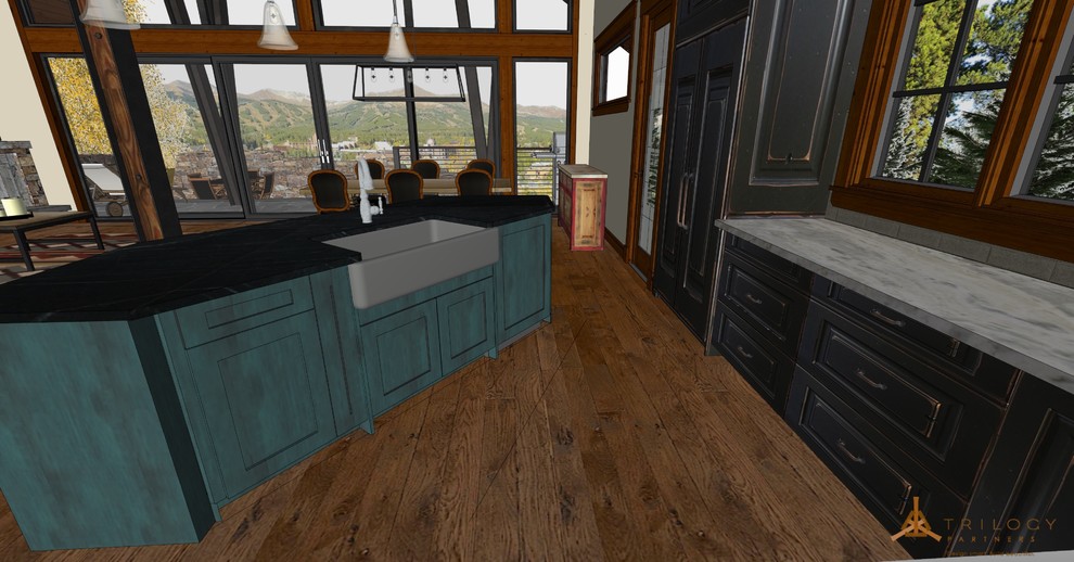 Mid-sized mountain style u-shaped medium tone wood floor and brown floor eat-in kitchen photo in Denver with a farmhouse sink, shaker cabinets, distressed cabinets, granite countertops, colored appliances, an island and multicolored countertops