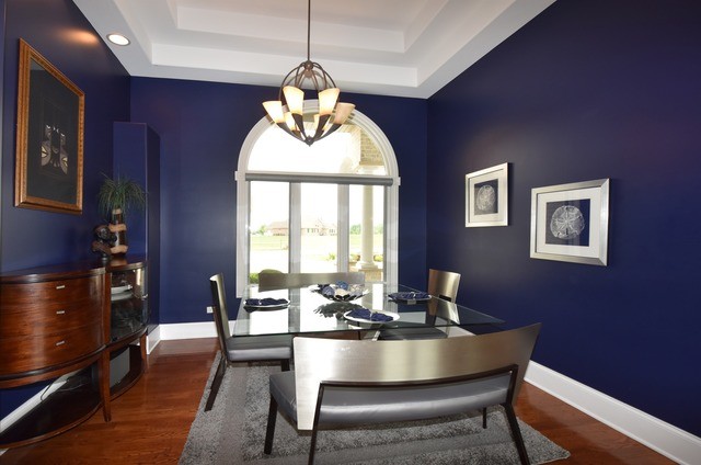 Inspiration for a large contemporary separate dining room in Chicago with blue walls, medium hardwood floors, no fireplace and brown floor.