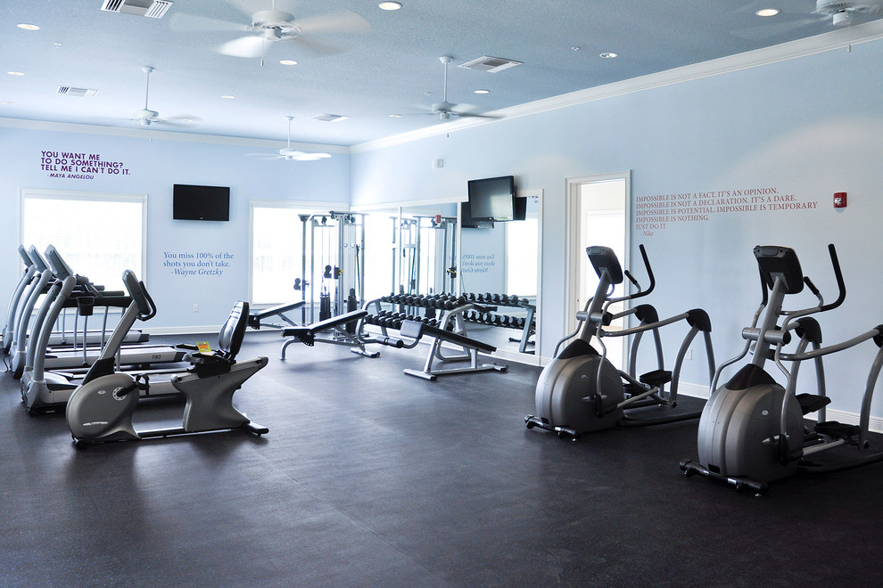Design ideas for a large transitional multipurpose gym in Tampa with blue walls.