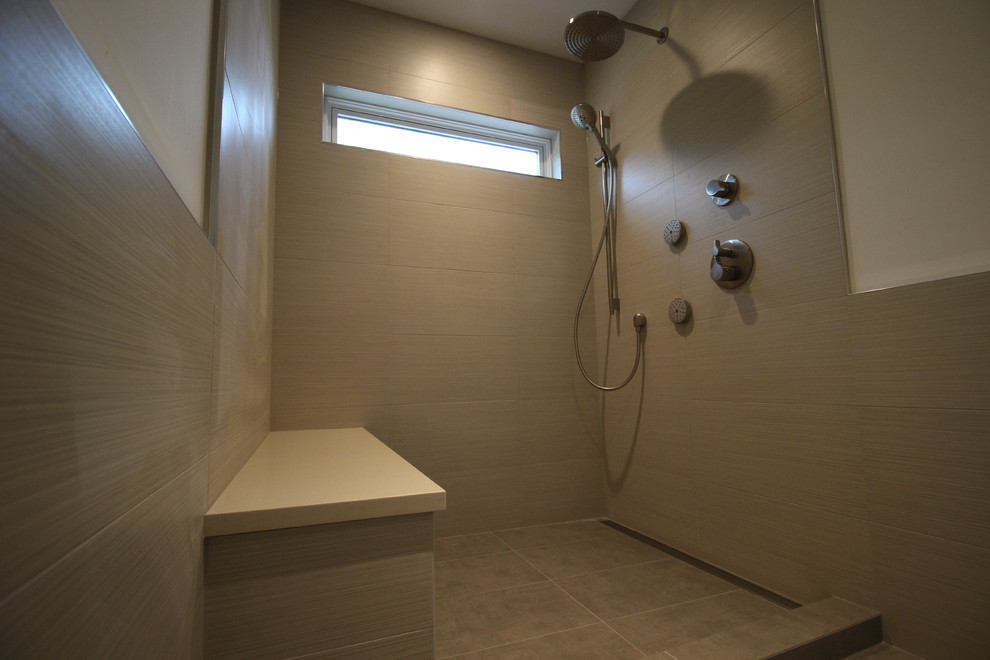 Doorless shower - large transitional gray tile and porcelain tile slate floor doorless shower idea in Vancouver with multicolored walls