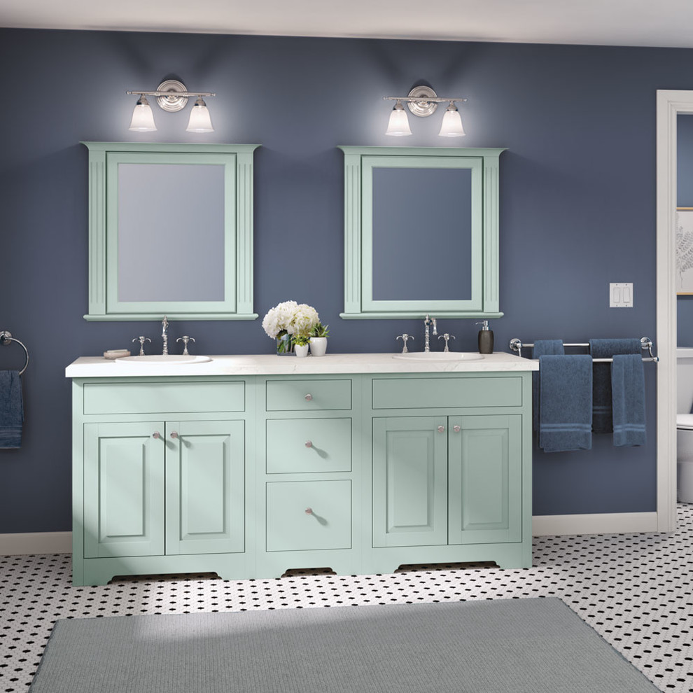 Inspiration for a large traditional master bathroom in Other with raised-panel cabinets, blue cabinets, blue walls, a drop-in sink and multi-coloured floor.