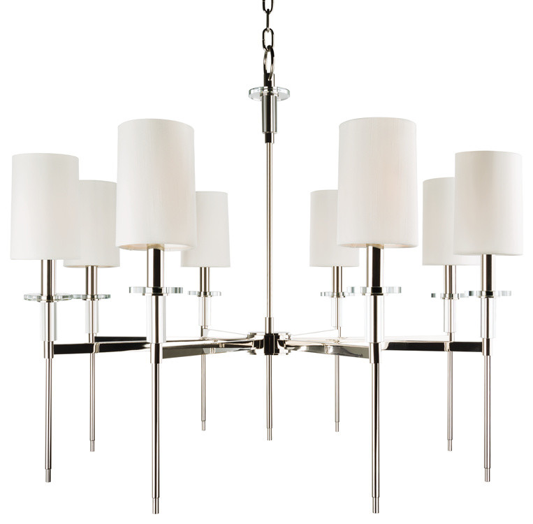 Amherst, Eight Light Chandelier, Polished Nickel Finish, Faux Silk Shade