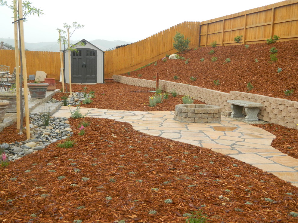 Mid-sized modern backyard patio in San Luis Obispo with a fire feature, natural stone pavers and no cover.