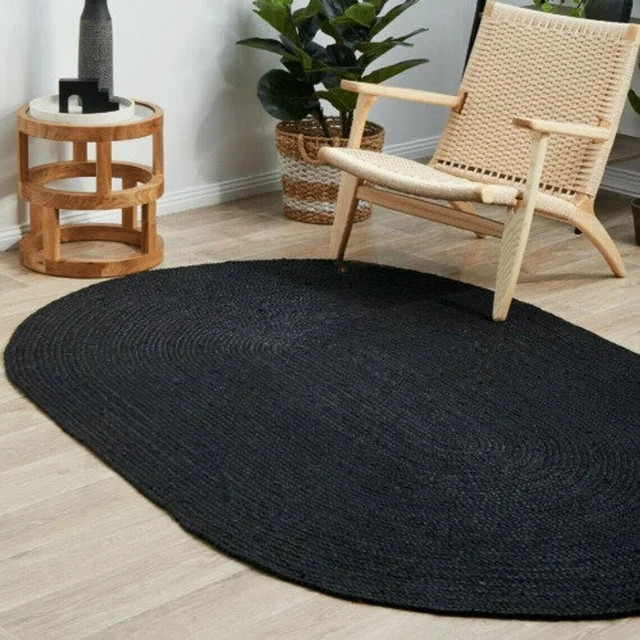 Hand-Woven Black Farmhouse Jute Area Rug with Bohemian Braided Design ...