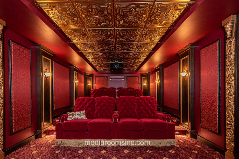 Design ideas for a medium sized traditional enclosed home cinema in Philadelphia with red walls, carpet, a projector screen and multi-coloured floors.