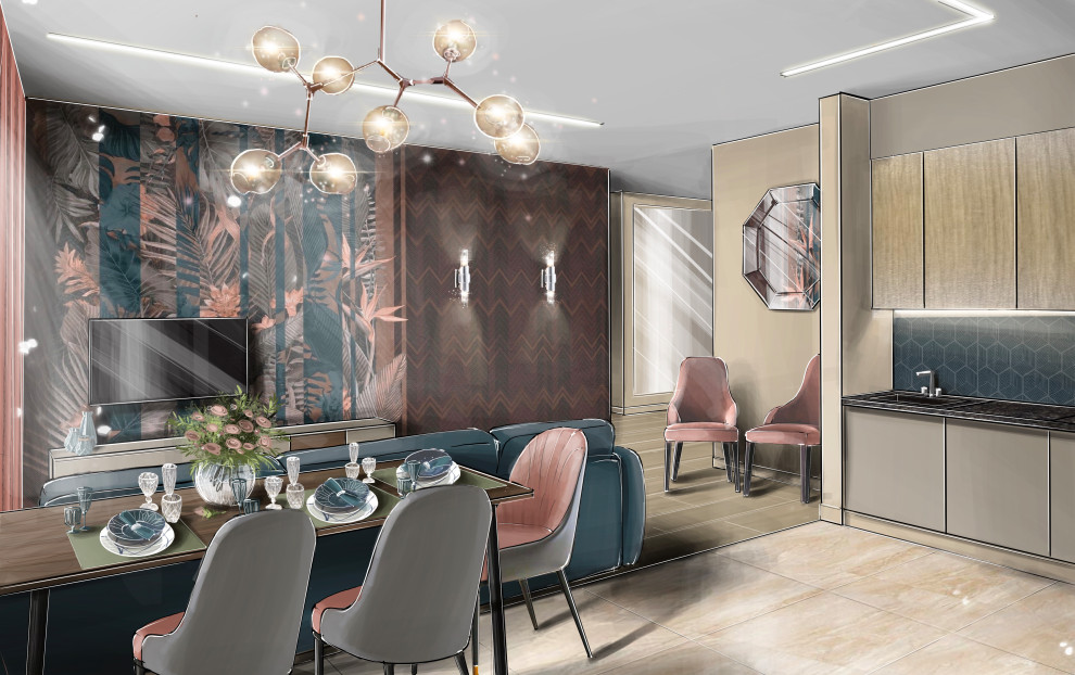 Гостиная-кухня с синим диваном