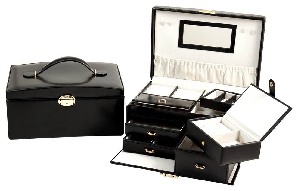 Black Leather 2 Level Jewelry Box Contemporary Jewelry Boxes And