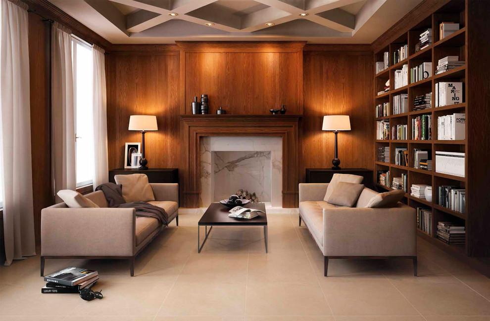 Inspiration for a transitional enclosed living room in Singapore with brown walls, a standard fireplace, a wood fireplace surround and no tv.