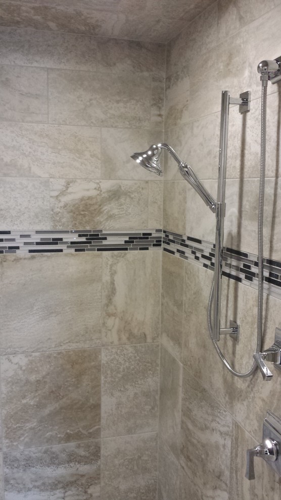 Bathroom - large transitional master beige tile and porcelain tile bathroom idea