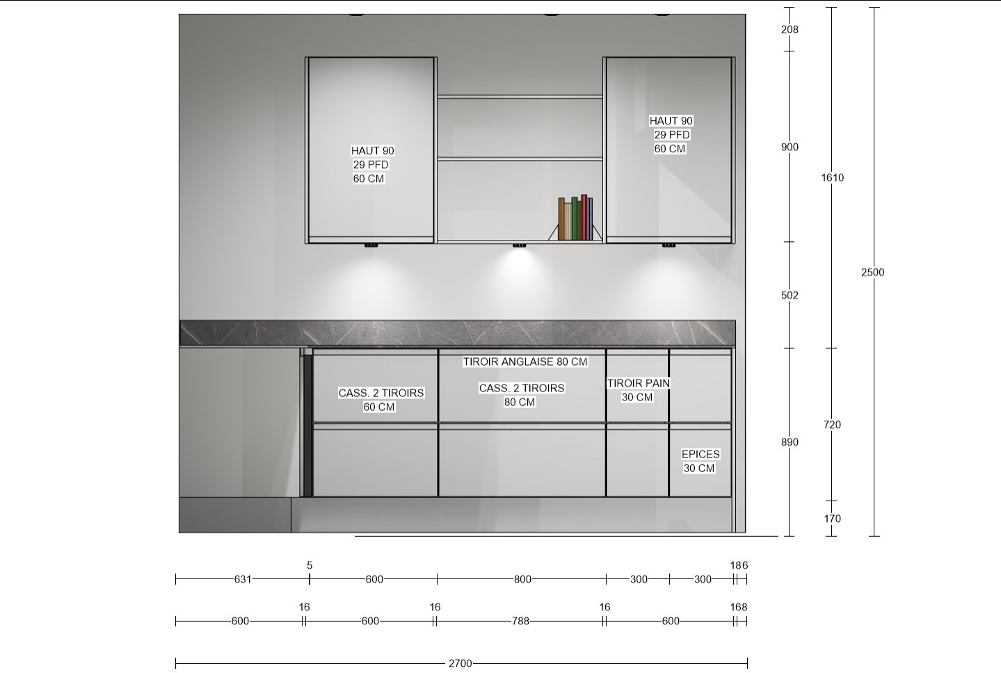 Plan d'élévation meubles hauts et bas avec crédence