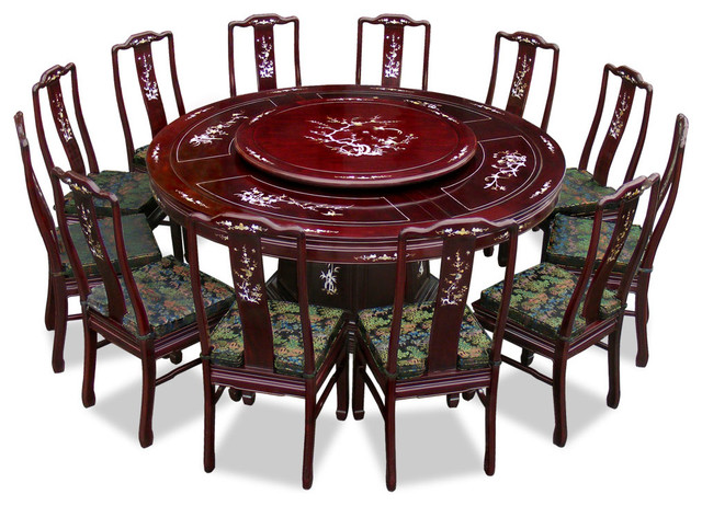 72 Rosewood Pearl Inlay Design Round Dining Table With 12 Chairs Asian Dining Sets By China Furniture And Arts