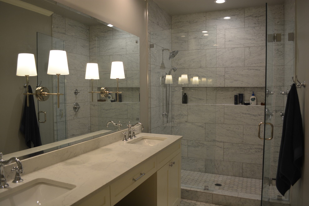 Photo of a small traditional master bathroom in Other with shaker cabinets, white cabinets, an open shower, white tile, marble, grey walls, marble floors, an undermount sink, engineered quartz benchtops, white floor and a hinged shower door.