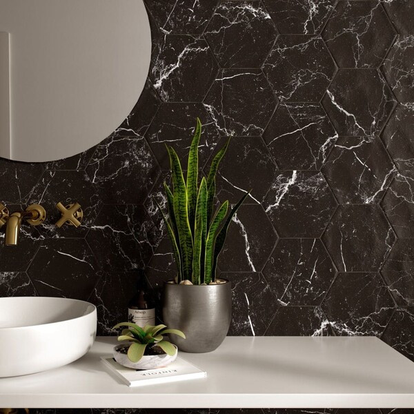 Dorset Black Hexagon Marble Effect Tiles Direct Tile Warehouse