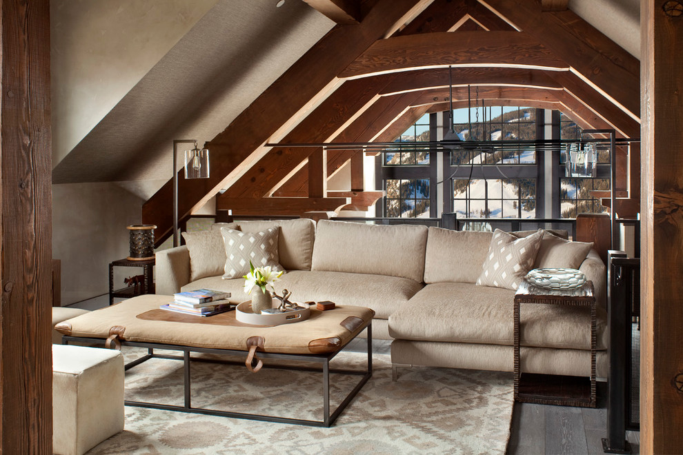Inspiration for a country family room in Other with beige walls, dark hardwood floors, no fireplace and no tv.