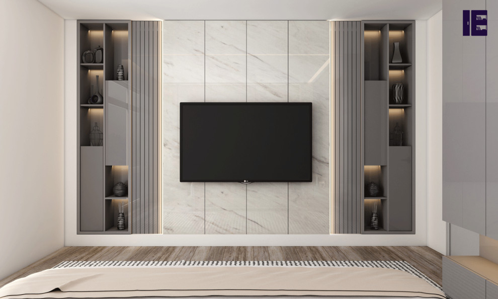 Inspiration för ett stort funkis öppen hemmabio, med en väggmonterad TV