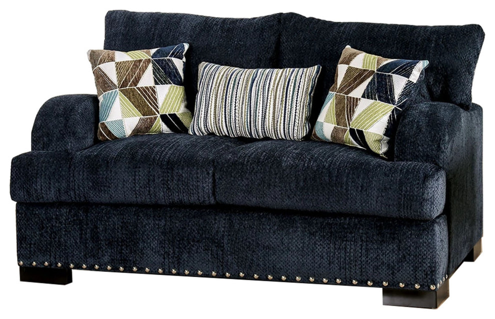 Chenille Fabric Upholstered Wooden Loveseat With Throw Pillows, Blue