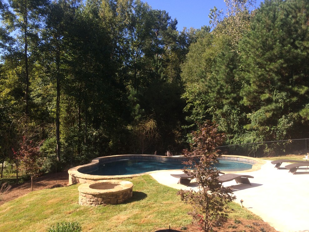 Mid-sized arts and crafts backyard custom-shaped natural pool in Atlanta with decking.