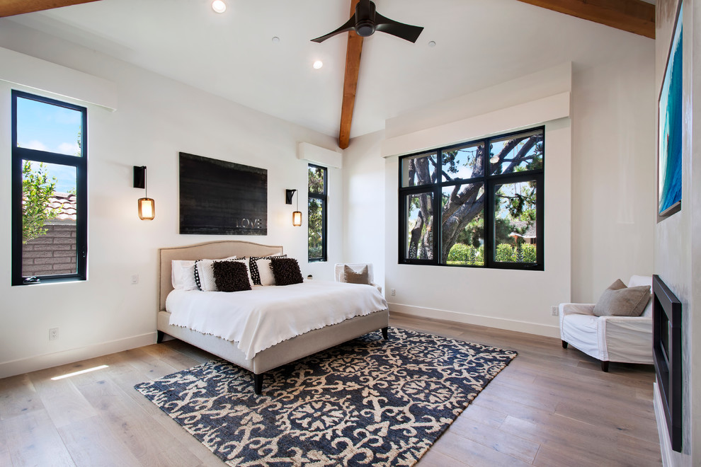 Photo of a mid-sized contemporary guest bedroom in Orange County with white walls, light hardwood floors, a standard fireplace and a plaster fireplace surround.