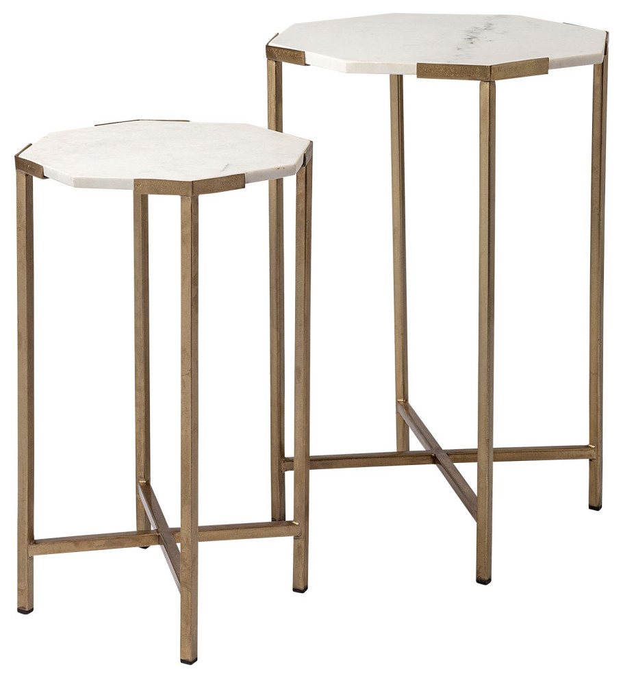 Vincent II 15.5 x 24.5 Set of Two White Marble and Iron Hexagonal Side Tables