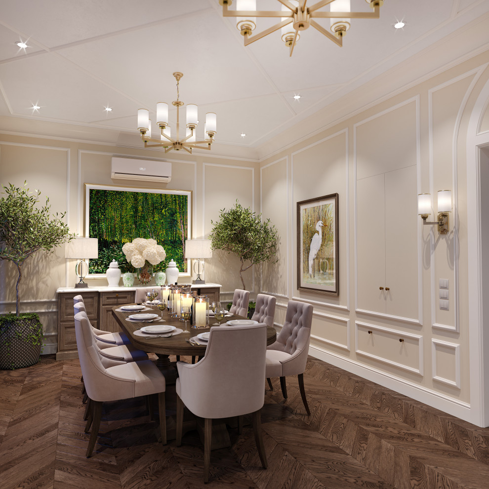 Inspiration for a mid-sized traditional open plan dining in Houston with beige walls, medium hardwood floors, a standard fireplace, a stone fireplace surround, brown floor, coffered and wallpaper.