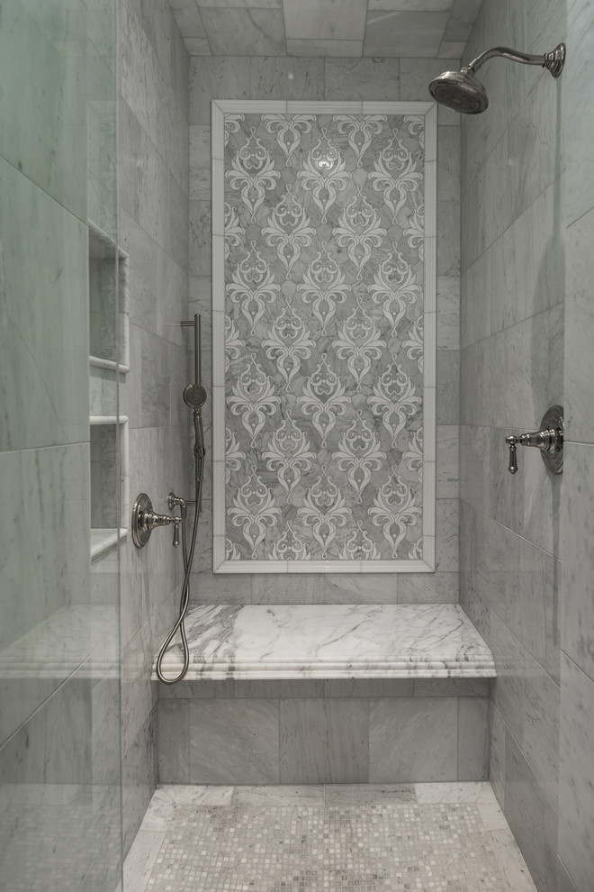 Inspiration for a huge transitional master multicolored tile and mirror tile porcelain tile and beige floor freestanding bathtub remodel in Phoenix with raised-panel cabinets, beige cabinets, a two-piece toilet, beige walls, a drop-in sink, granite countertops, a hinged shower door and multicolored countertops