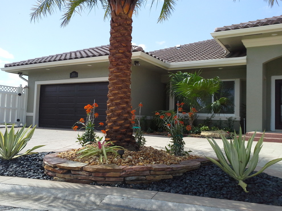Photo of a large tropical front yard full sun garden in Miami with gravel.