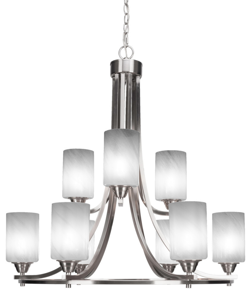 Paramount 9-Light Chandelier, Brushed Nickel, 4" White Marble Glass