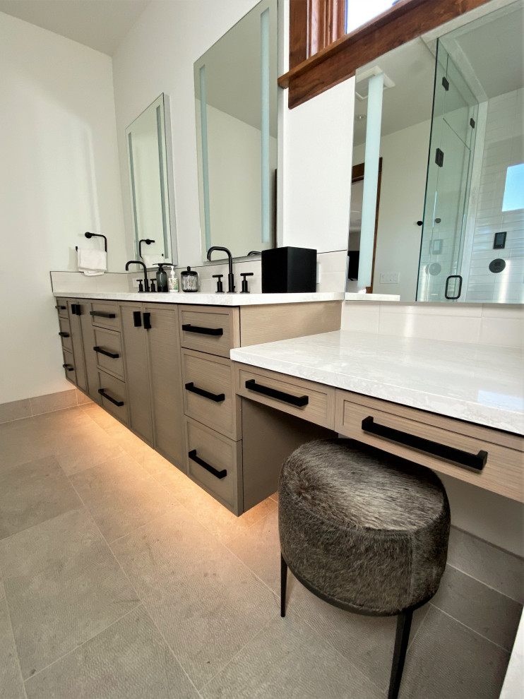 Inspiration for a mid-sized transitional master white tile double-sink bathroom remodel with recessed-panel cabinets, medium tone wood cabinets, white walls, an undermount sink, white countertops and a floating vanity