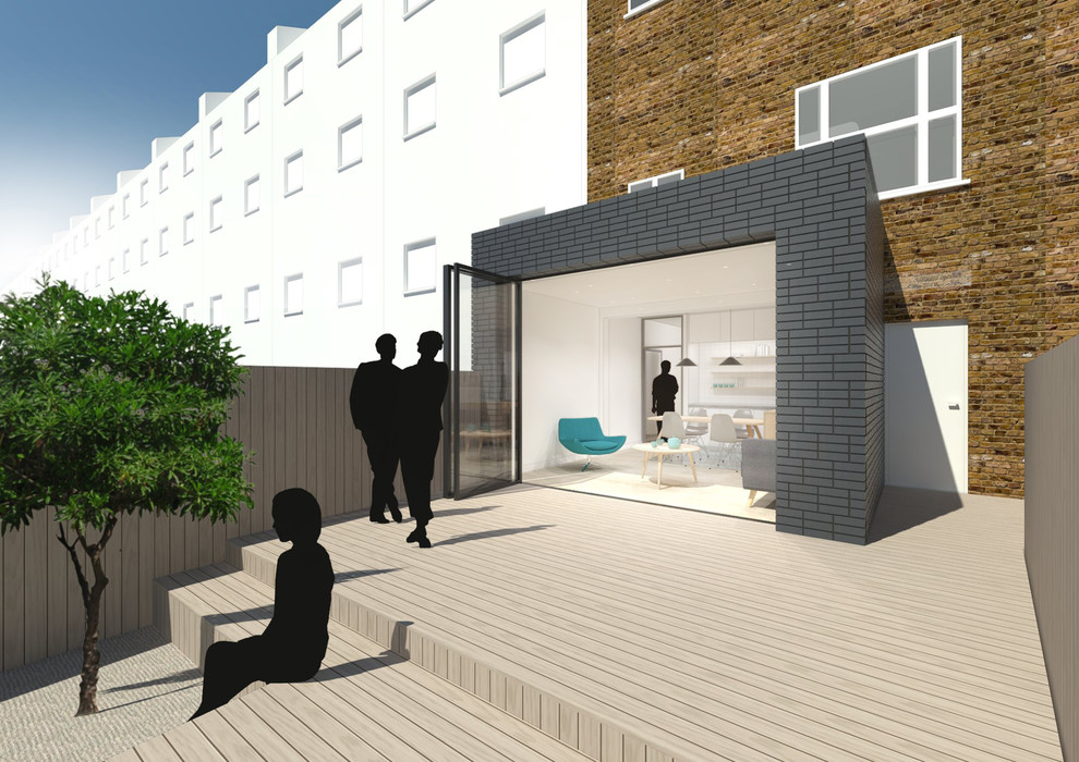 Design ideas for a small contemporary one-storey brick black exterior in London with a flat roof.