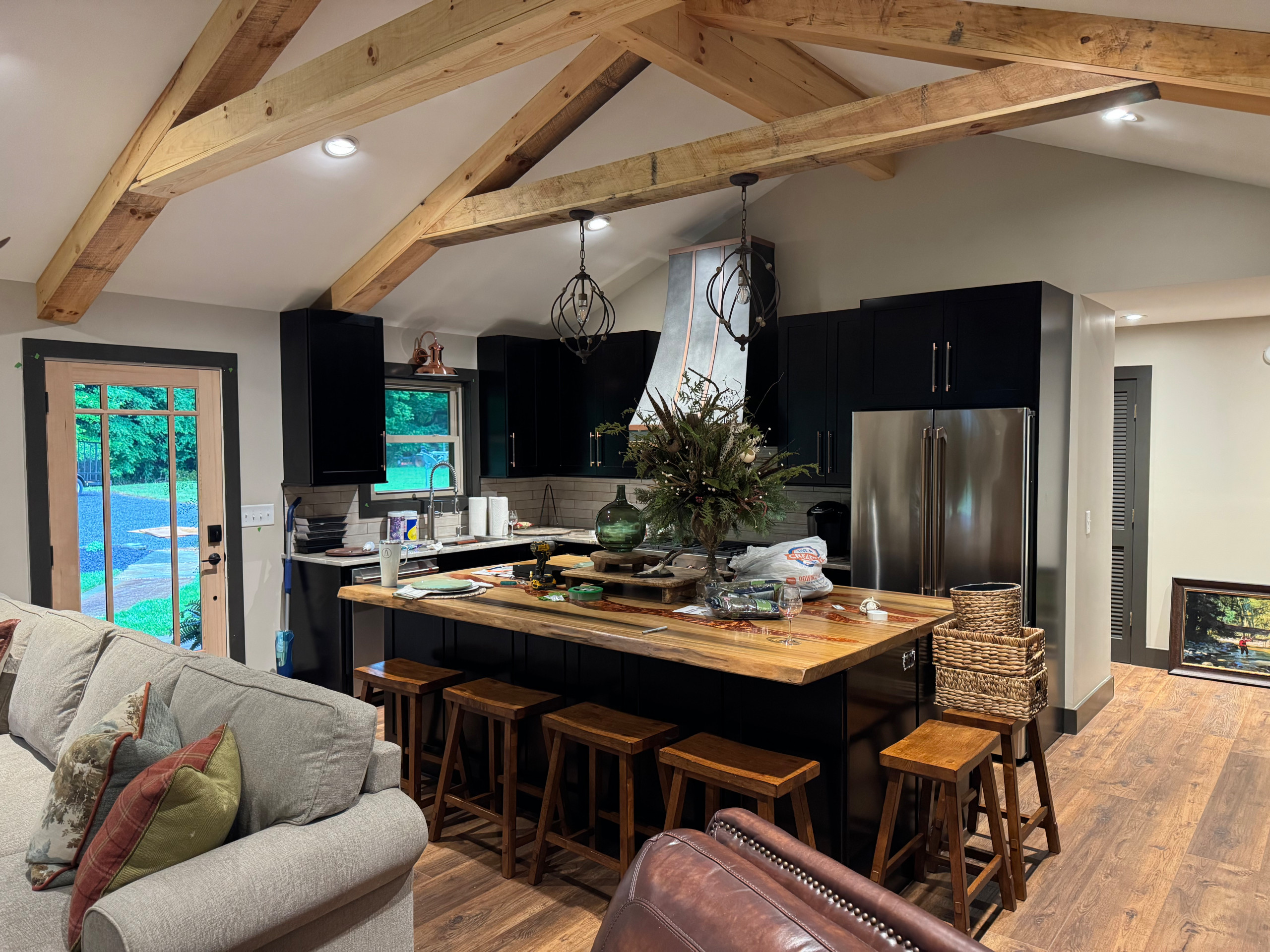 Rustic Contemporary Kitchen/Living Room Remodel with Exposed Timber Trusses