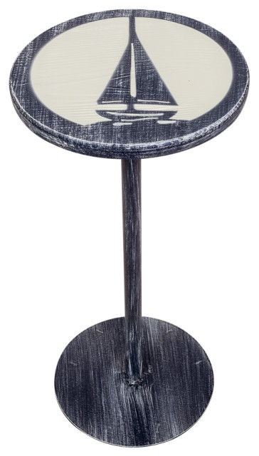 Weathered Navy and Cottage Round Drink Table With Sailboata
