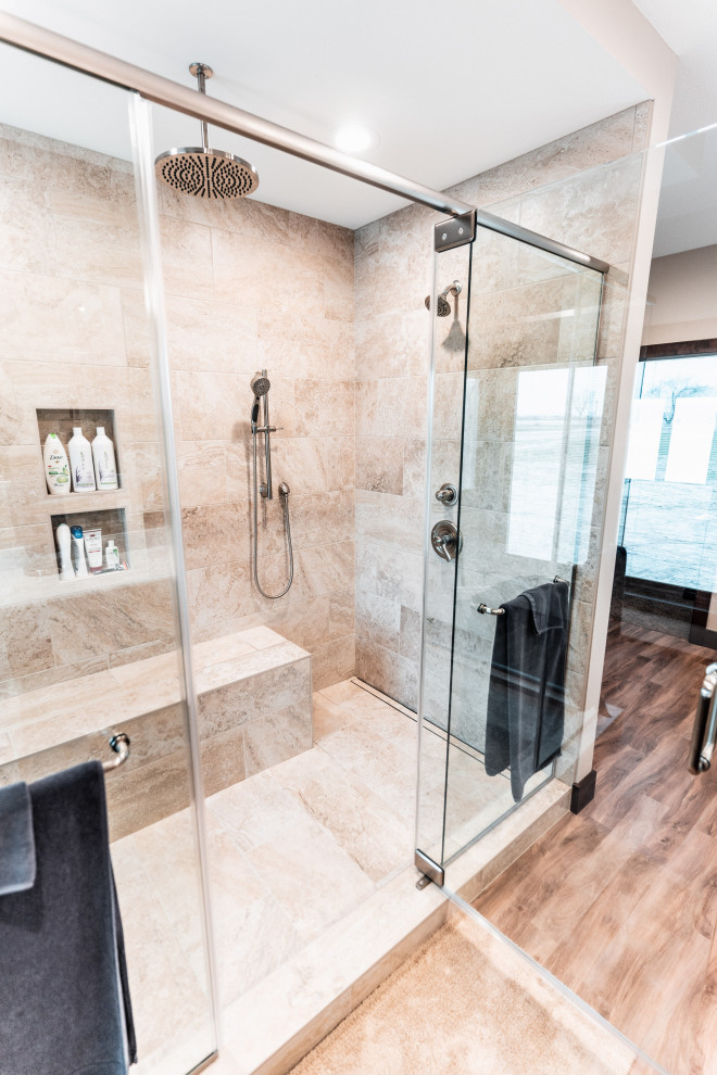 Huge transitional master beige tile and ceramic tile vinyl floor, brown floor and double-sink bathroom photo in Other with flat-panel cabinets, dark wood cabinets, a hot tub, an undermount sink, quartz countertops, a hinged shower door, white countertops and a built-in vanity