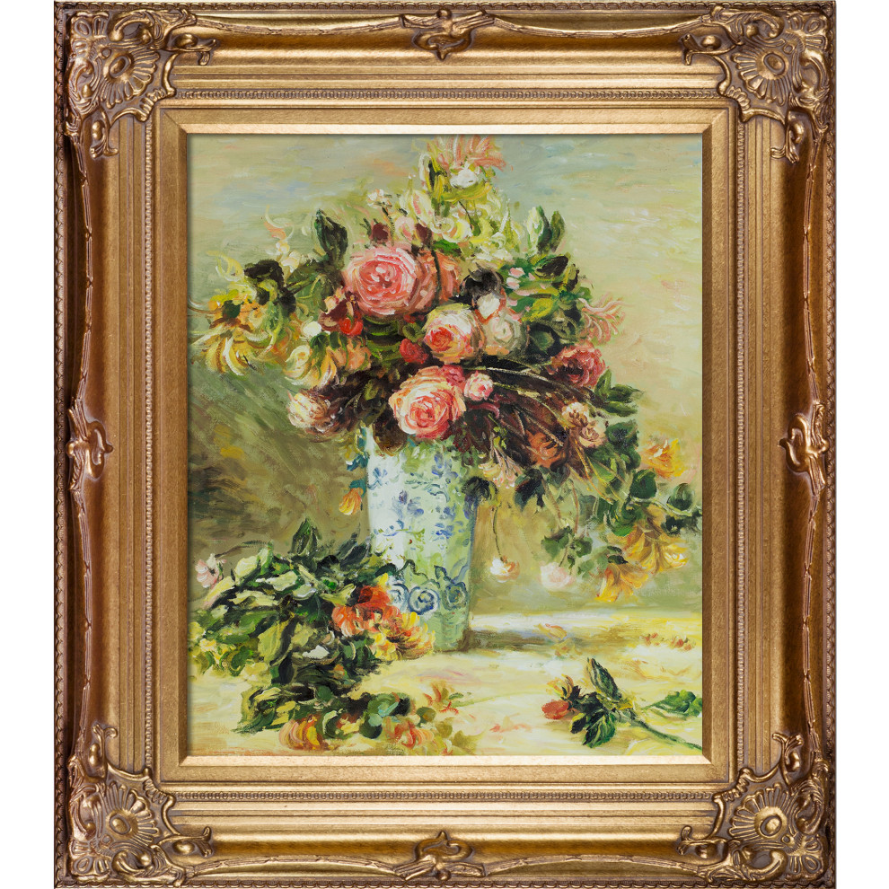 La Pastiche Roses and Jasmine in Vase with Renaissance Bronze Frame, 30" x 34"