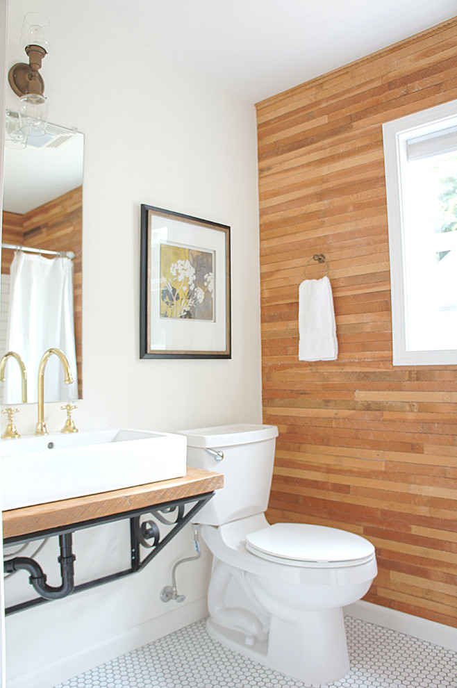 Inspiration for a transitional bathroom in Portland with a vessel sink, wood benchtops, a two-piece toilet, white tile, mosaic tile, white walls and mosaic tile floors.