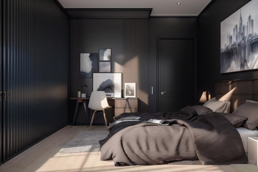 Immagine di una camera matrimoniale minimalista con pareti nere, parquet chiaro e pareti in perlinato