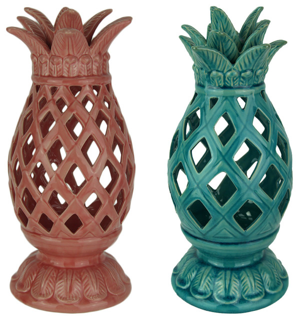 Red And Blue Latticework Tropical Pineapple Decor Statues Set Of 2