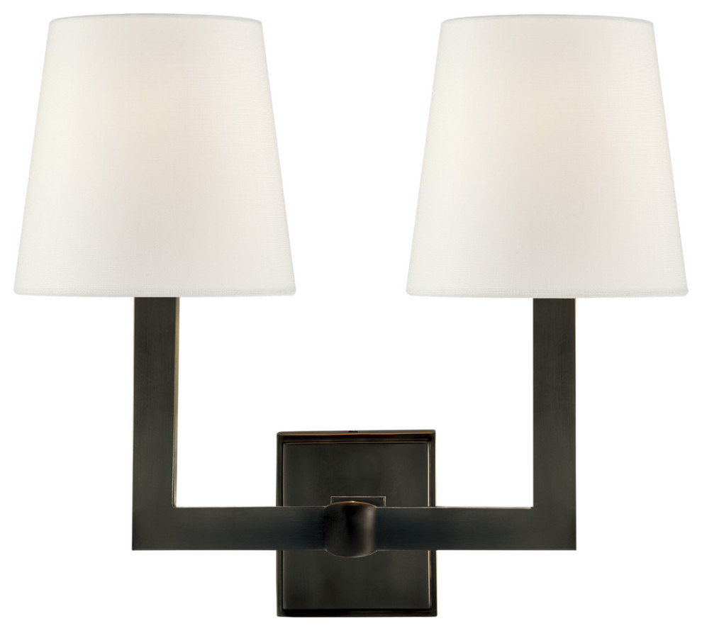 Square Tube Double Sconce in Bronze with Linen Shades