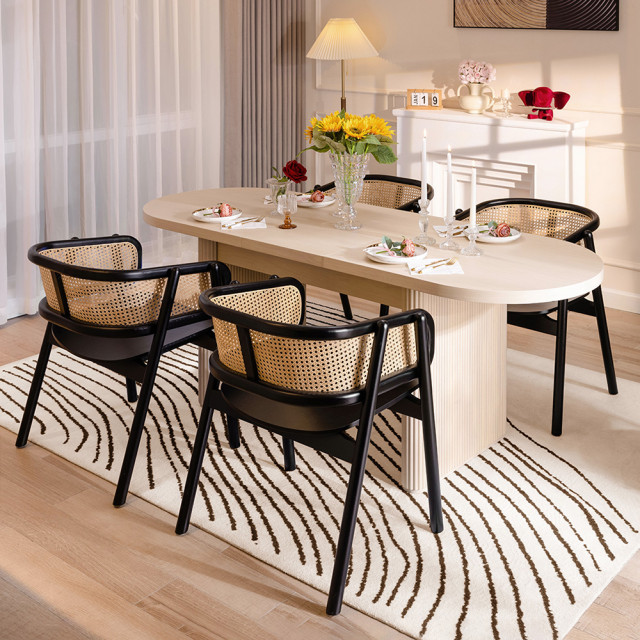 Japandi 63"-79" Oval Extendable Whitewash Dining Table Butterfly Leaf 6 ...