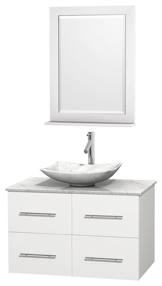 Centra 36" White Single Vanity, White Carrera Marble Top, Carrera Marble Sink