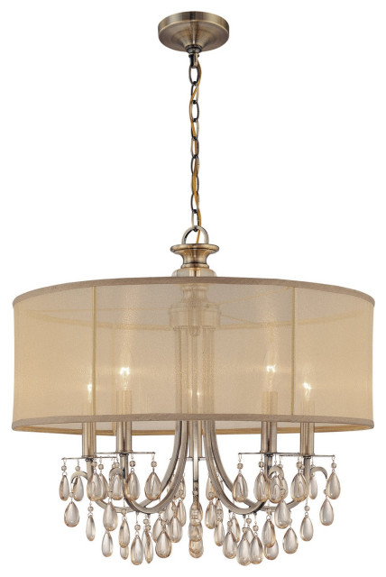 Crystorama 5625-AB 5 Light Chandelier in Antique Brass with Silk