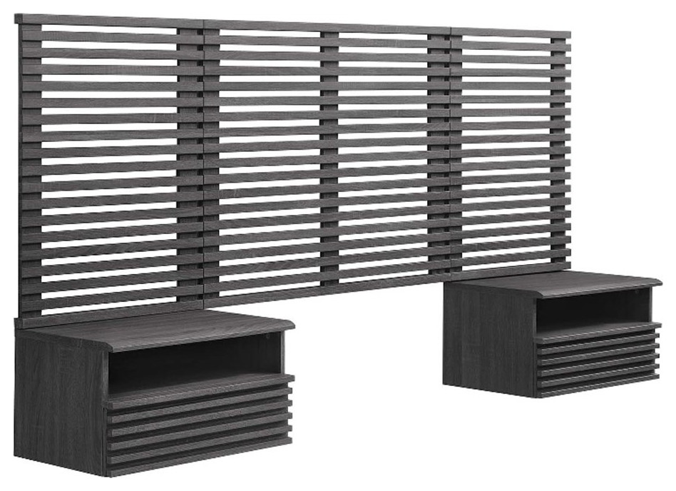 Modway Render Modern Wood Twin Headboard and Nightstands in Charcoal