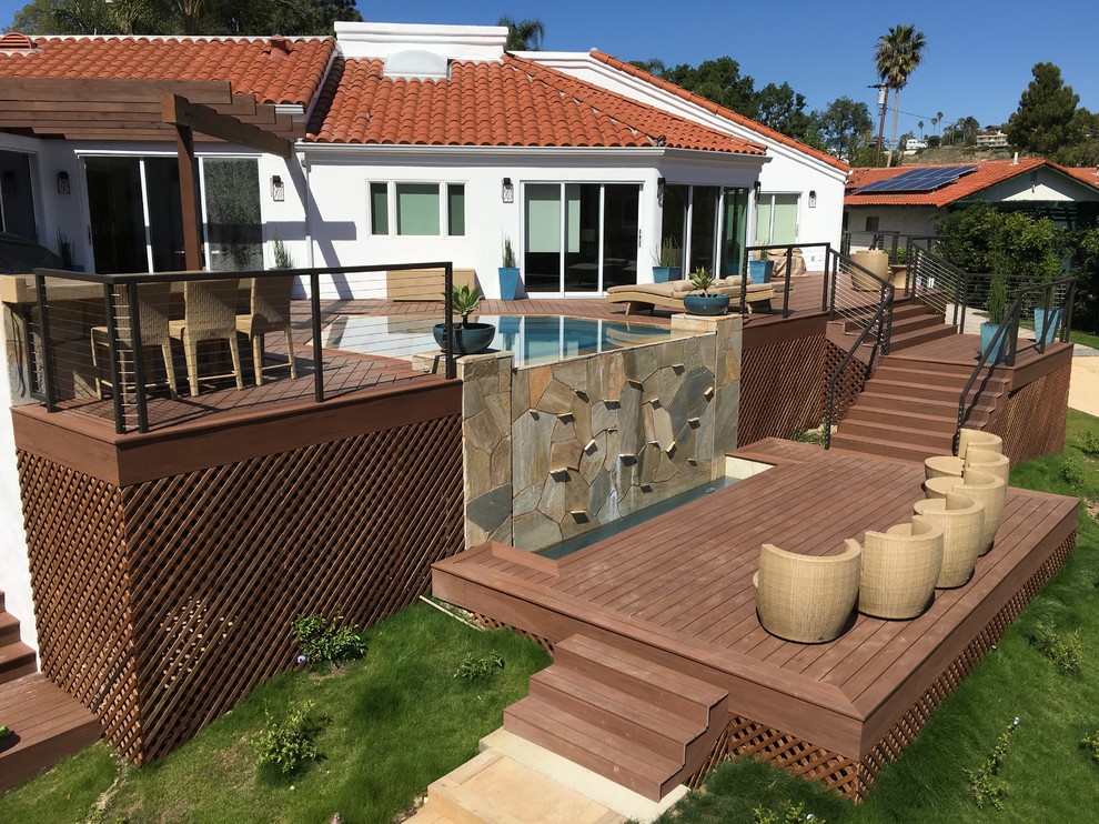 Inspiration for an expansive modern backyard deck in Orange County with a water feature and a pergola.