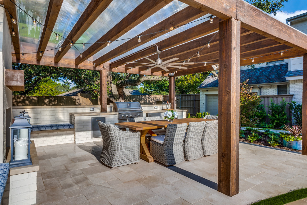 Huge eclectic backyard patio photo in Dallas with a fireplace and a pergola